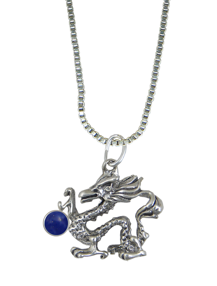 Sterling Silver Oriental Dragon Pendant With Lapis Lazuli